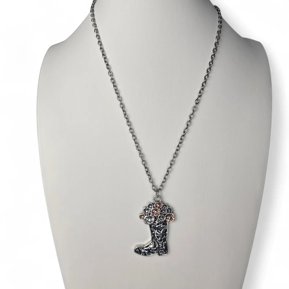 Justin Boots Silver And Rose Toned Cowgirl Boot Pendant Necklace